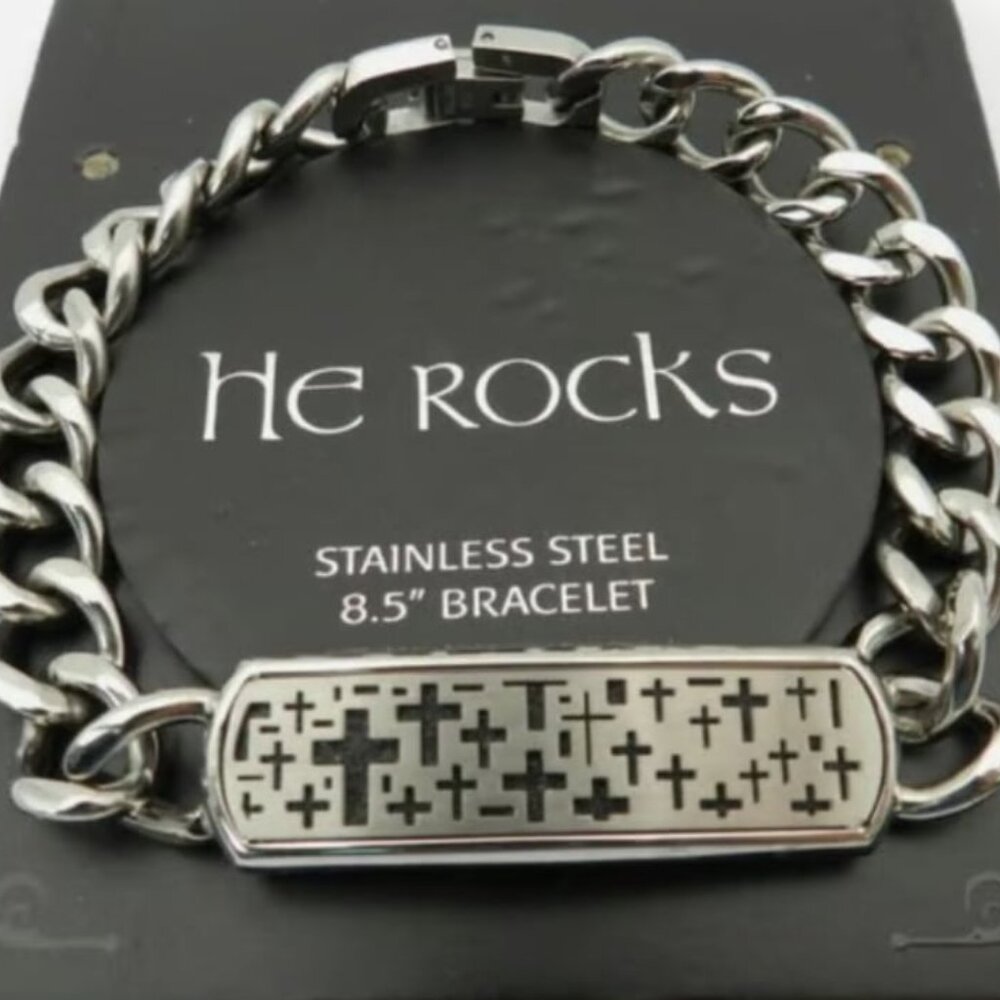 Mens He Rocks Christian Cross Stainless Steel Link Bracelet 8 1/2" retails 110.0